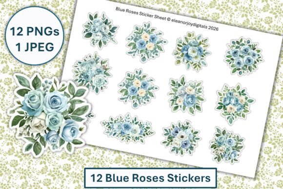 12 Blue Roses Stickers PNG and JPEG