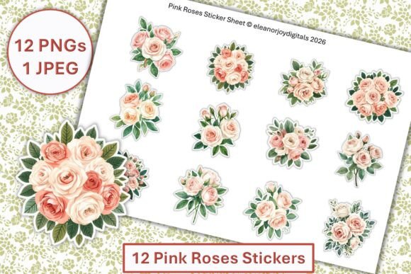 12 Pink Roses Stickers PNG and JPEG