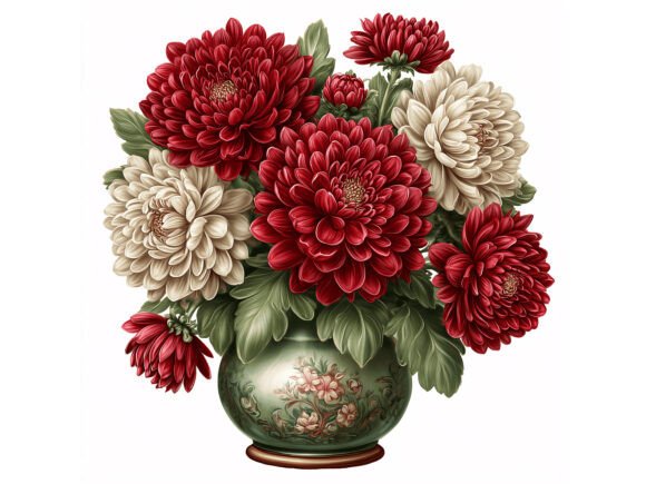 14 JPG Red Chrysanthemum Vase Set: Elevating Digital Craft with Vintage Elegance