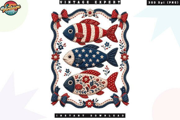 Americana Fishing Patchwork PNG Designs