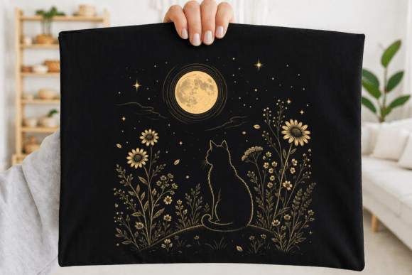 Beautiful Moon Cat Floral PNG Design