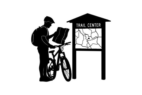Cyclist Checking Trail Map at Wooden Out: A Symbol of Modern Exploration