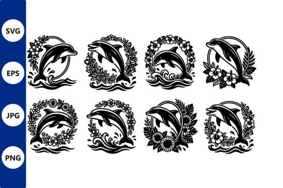 Dolphin Vector with Floral Wreaths: Merging Marine Motion with Botanical Elegance