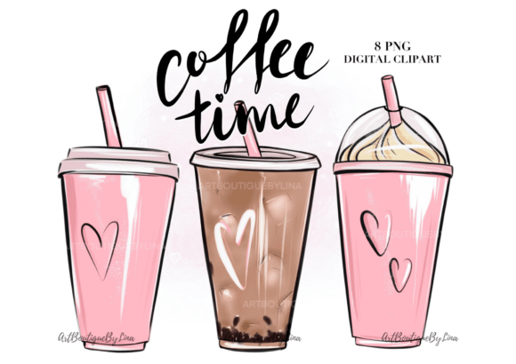 Pink Coffee Cups PNG, Iced Coffee Clipart