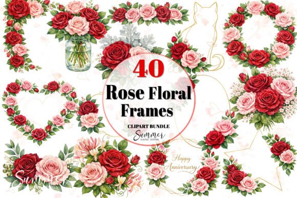 Rose Floral Frames Clipart Bundle PNG